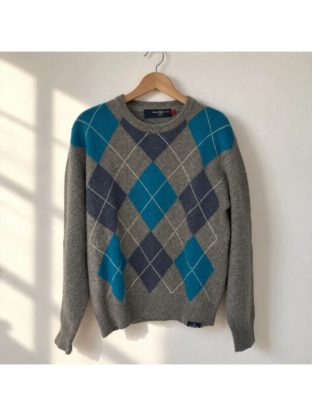 Henri Lloyd Men's L 100% Merino Wool Argyle Crewneck Sweater Gray Blue